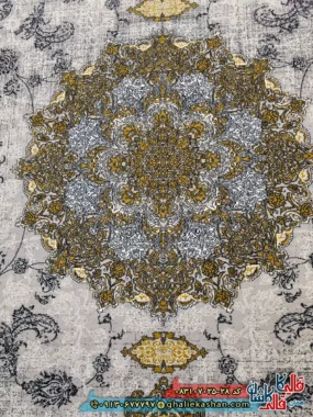 فرش طلاکوب وینتیج 700 شانه طرح ویکتوریا رنگ طوسی نقره ای کاشان زمینه