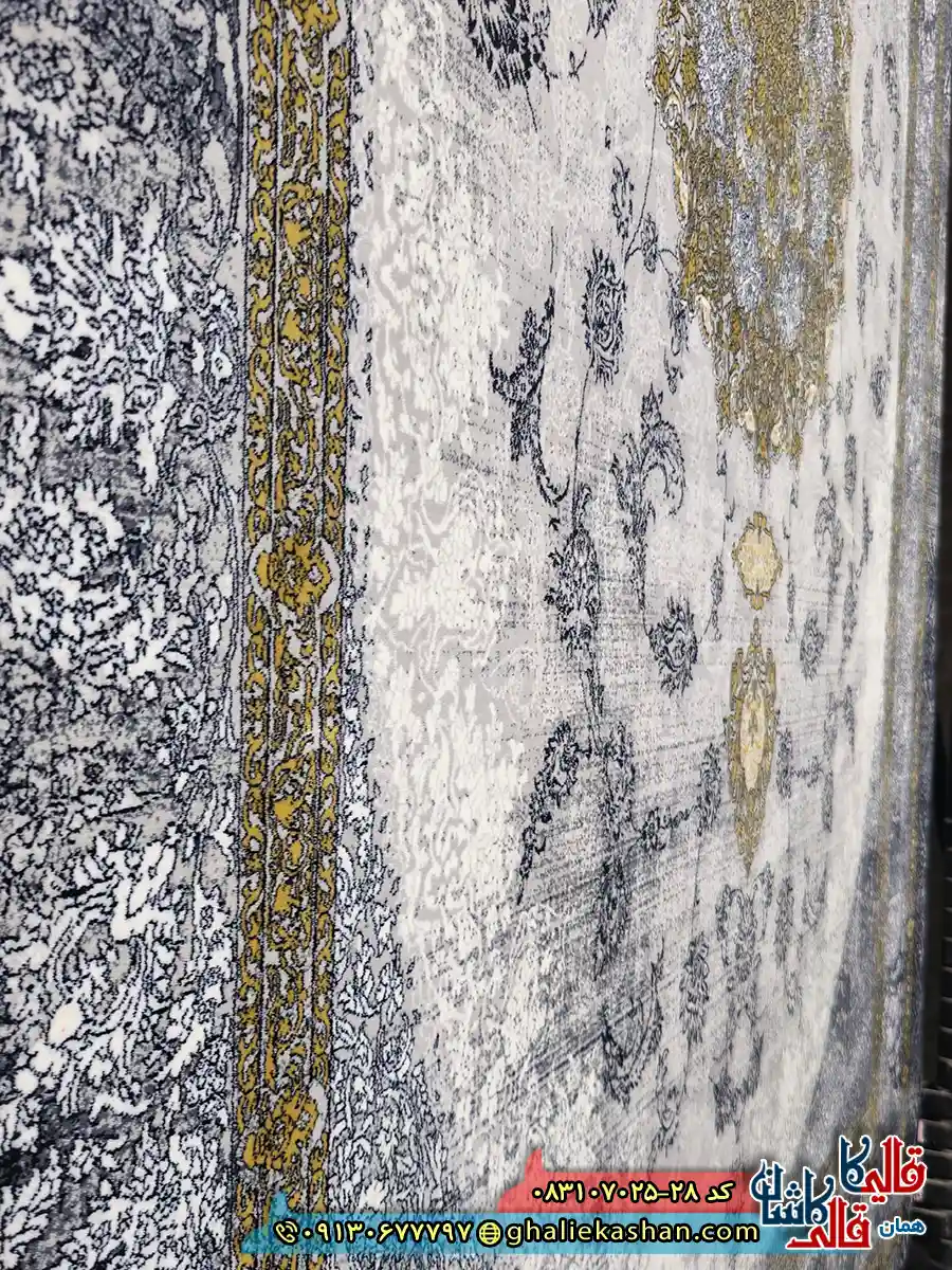 فرش طلاکوب وینتیج 700 شانه طرح ویکتوریا رنگ طوسی نقره ای کاشان نزدیک
