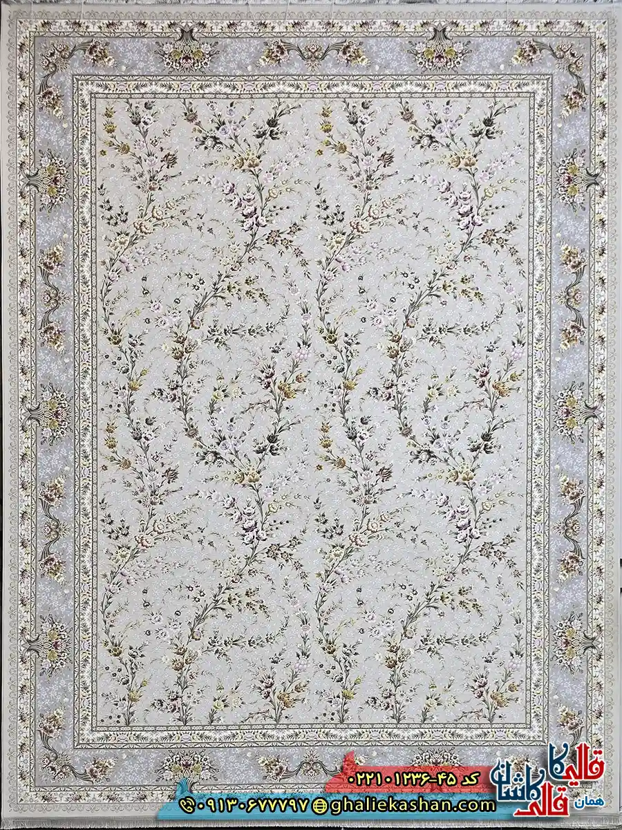 فرش لایت 1200 شانه طرح افشان آیکان رنگ طوسی سیلور کاشان اصلی