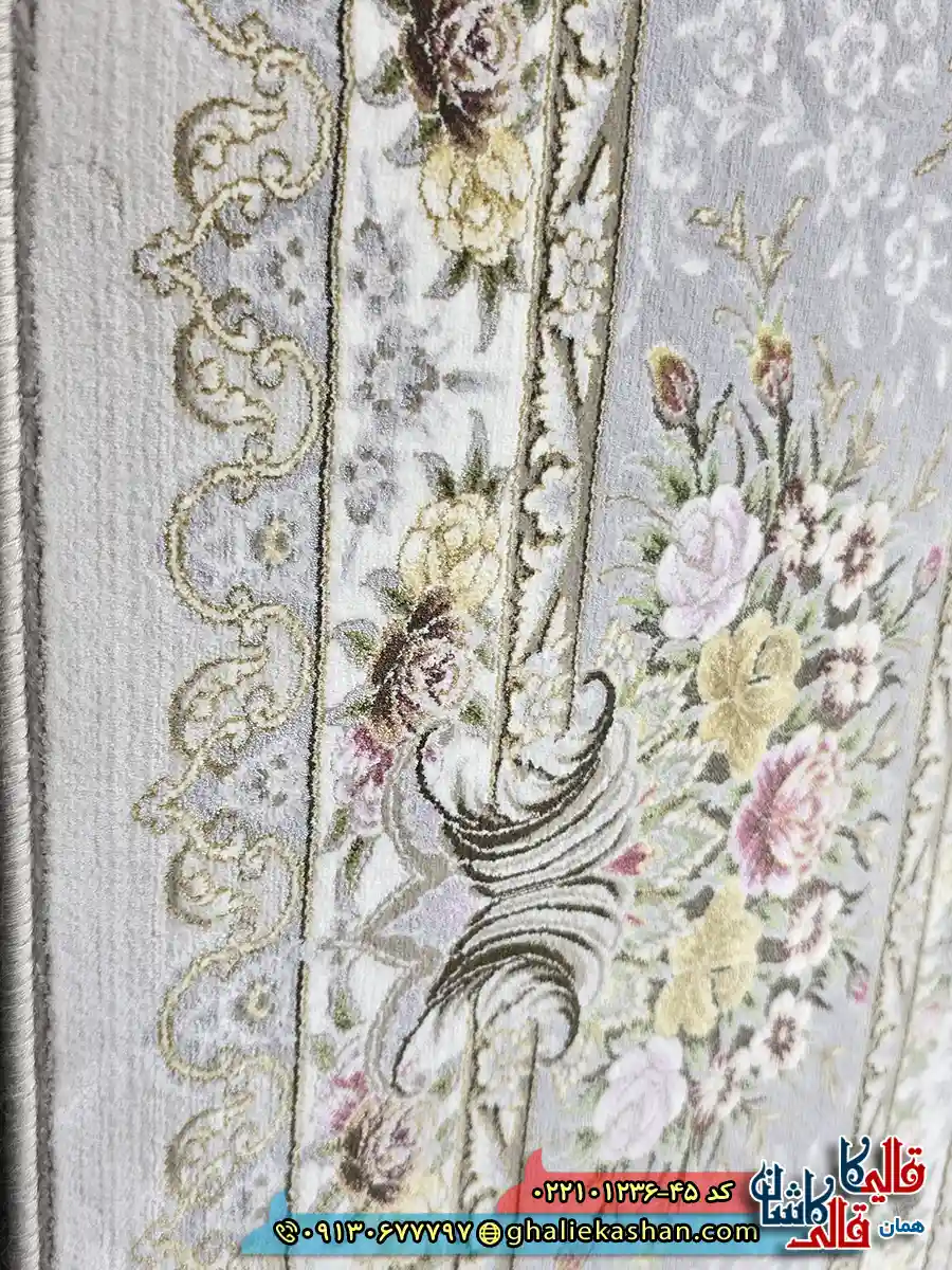 فرش لایت 1200 شانه طرح افشان آیکان رنگ طوسی سیلور کاشان نزدیک