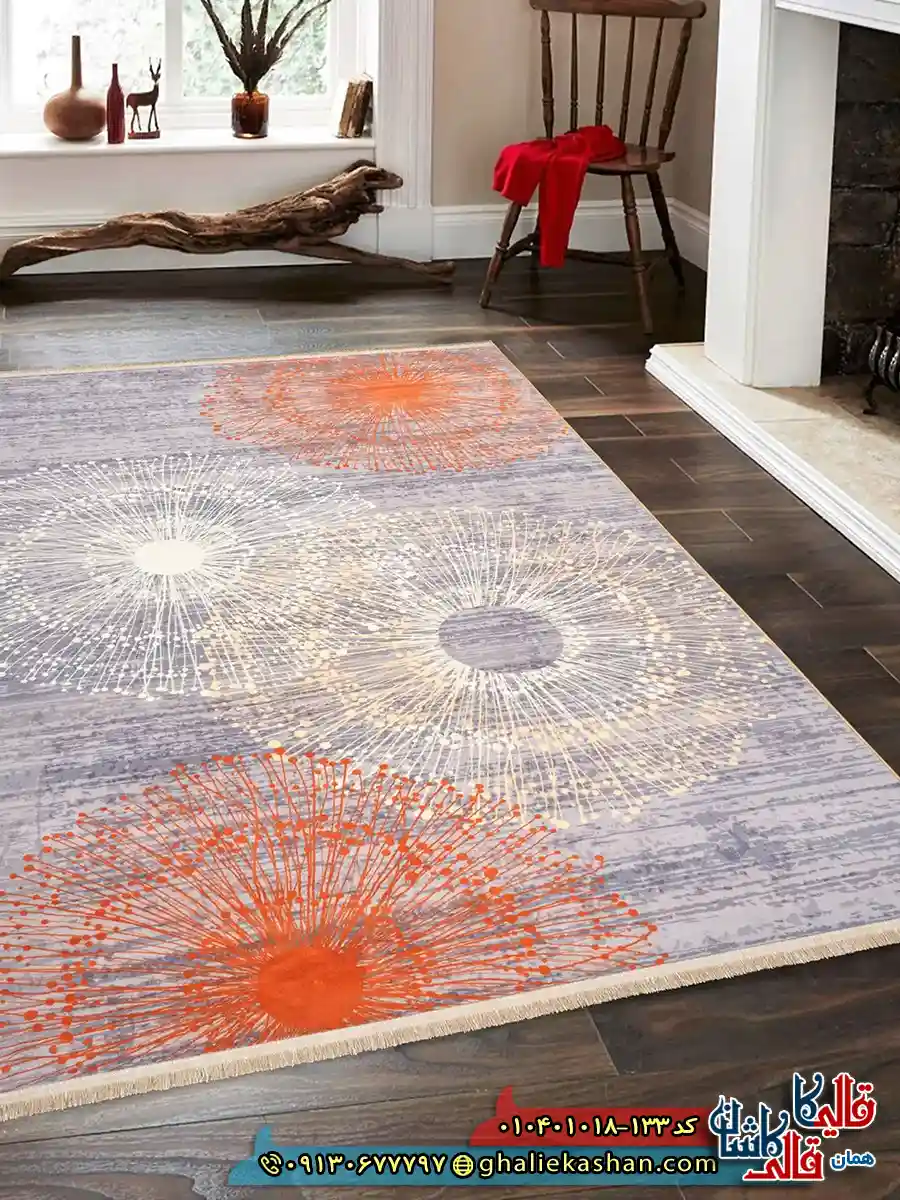فرش مدرن 1000 شانه طرح افشان قاصدک قاصدک زمینه طوسی کاشان دکوراسیون