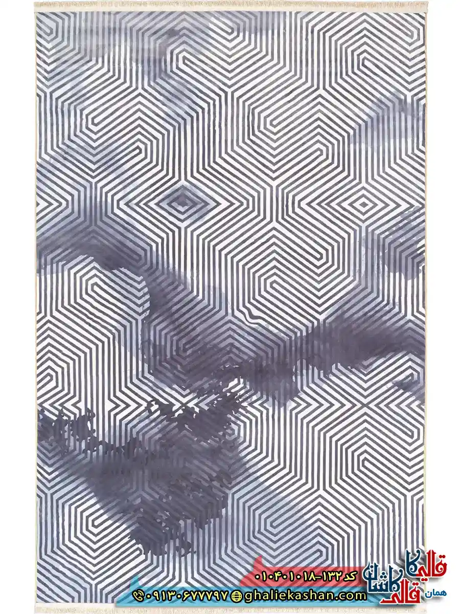 فرش مدرن 1000 شانه طرح افشان هزار توی خطی زمینه سیاه سفید کاشان اصلی