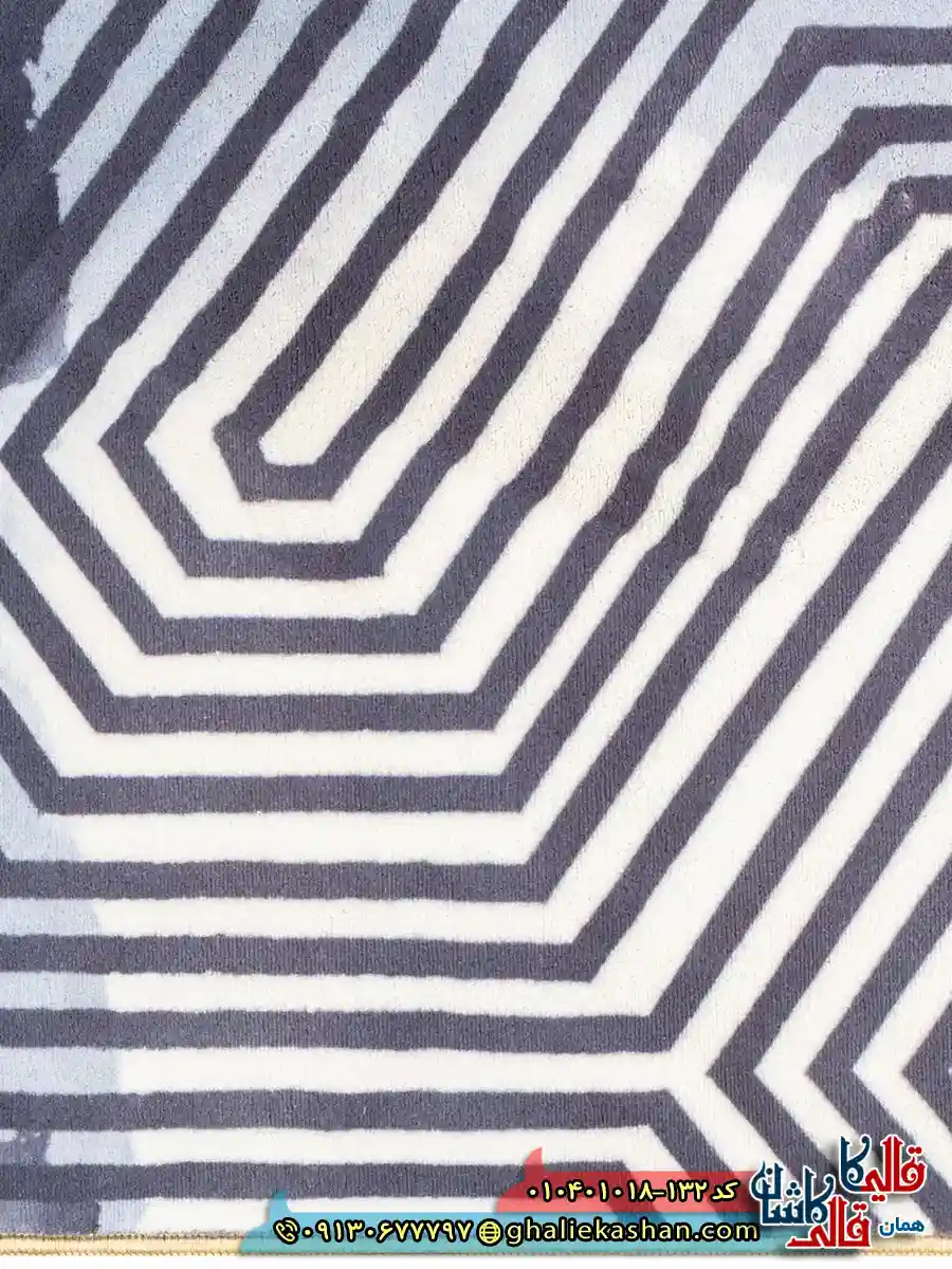 فرش مدرن 1000 شانه طرح افشان هزار توی خطی زمینه سیاه سفید کاشان نزدیک