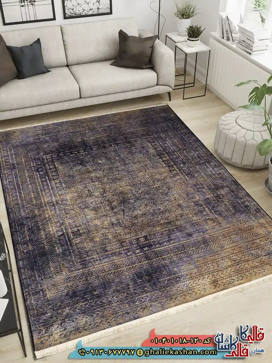 فرش مدرن وینتیج 1000 شانه طرح افشان قلم کار زمینه طوسی کاشان دکوراسیون