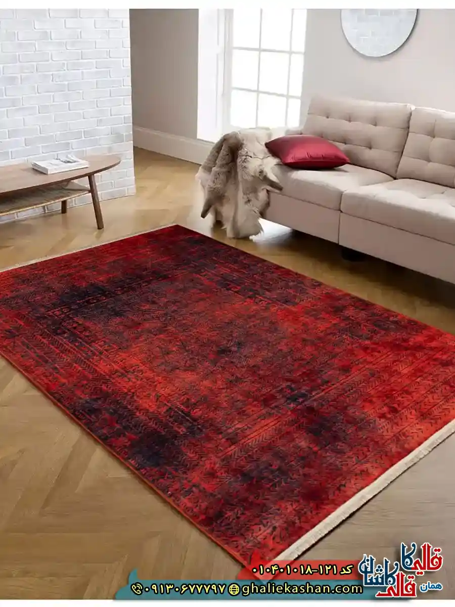 فرش مدرن وینتیج 1000 شانه طرح افشان قلم کار زمینه قرمز کاشان دکوراسیون
