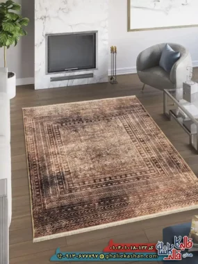 فرش مدرن وینتیج 1000 شانه طرح افشان قلم کار  زمینه قهوه ای نسکافه ای کاشان