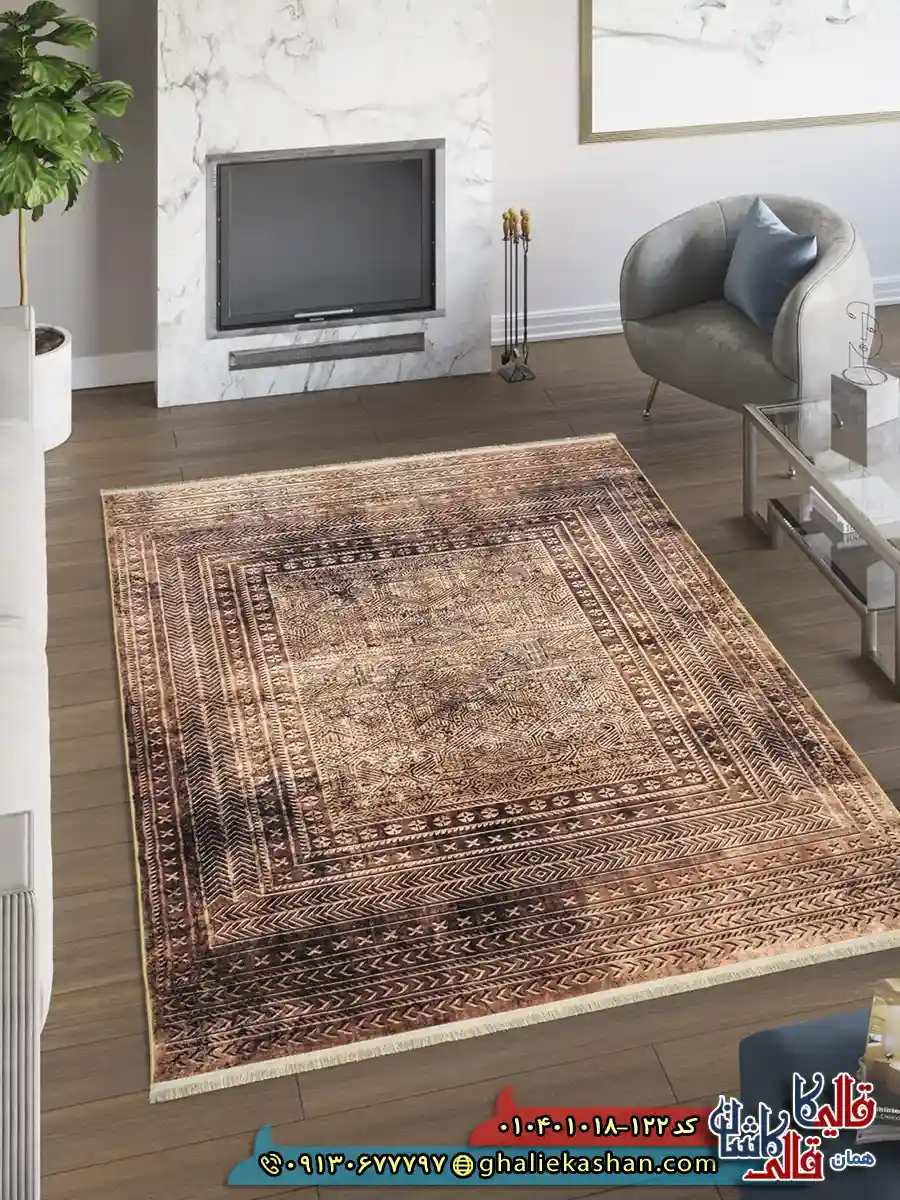 فرش مدرن وینتیج 1000 شانه طرح افشان قلم کار زمینه قهوه ای نسکافه ای کاشان دکوراسیون