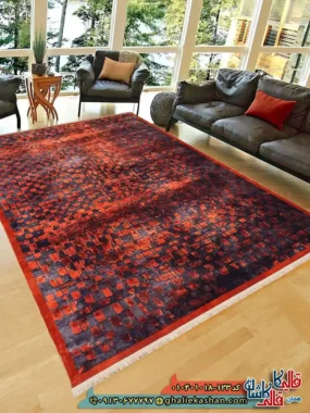 فرش مدرن وینتیج 1000 شانه طرح افشان ماتریکس زمینه قرمز آجری کاشان