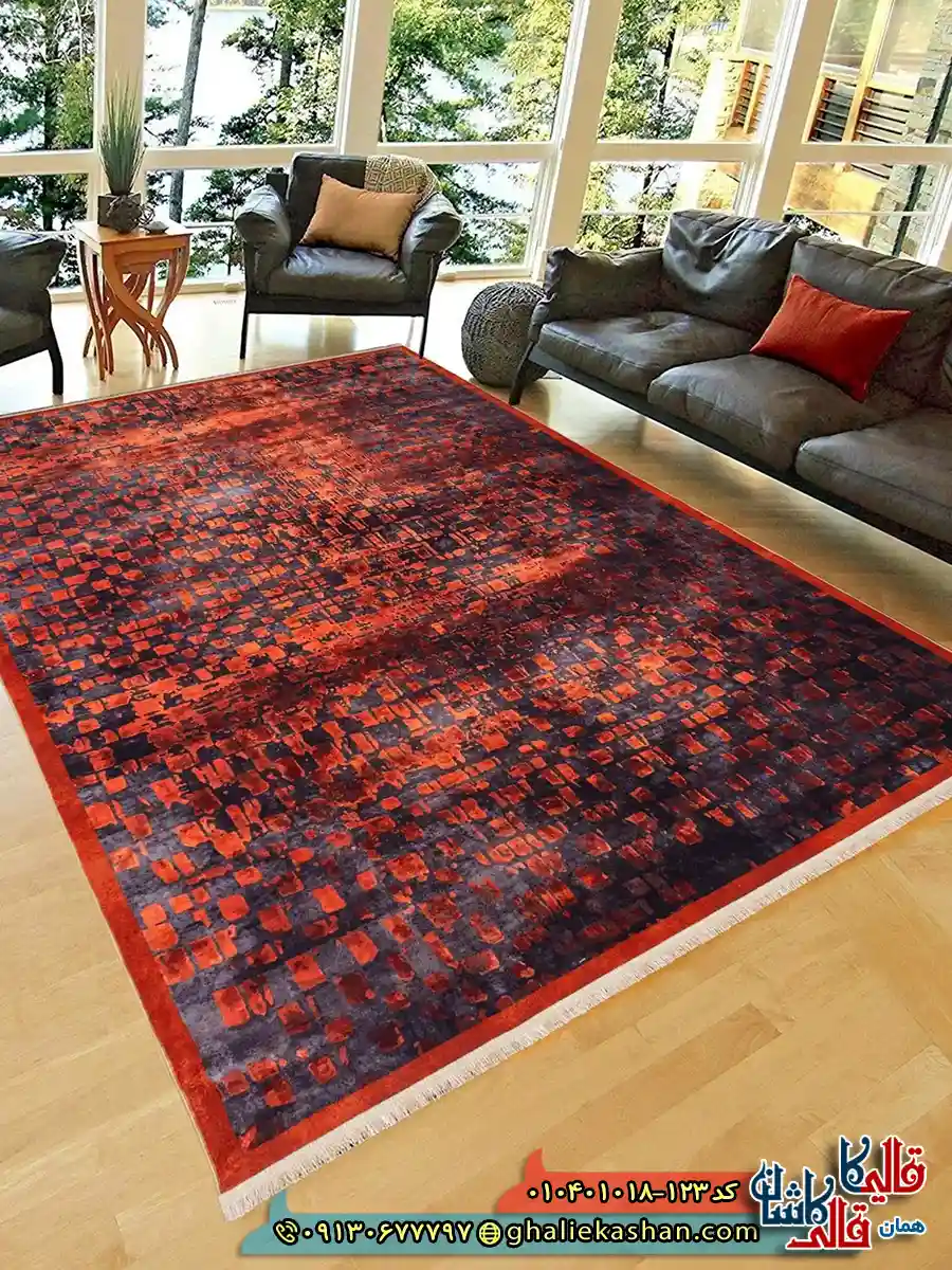 فرش مدرن وینتیج 1000 شانه طرح افشان ماتریکس زمینه قرمز آجری کاشان دکوراسیون