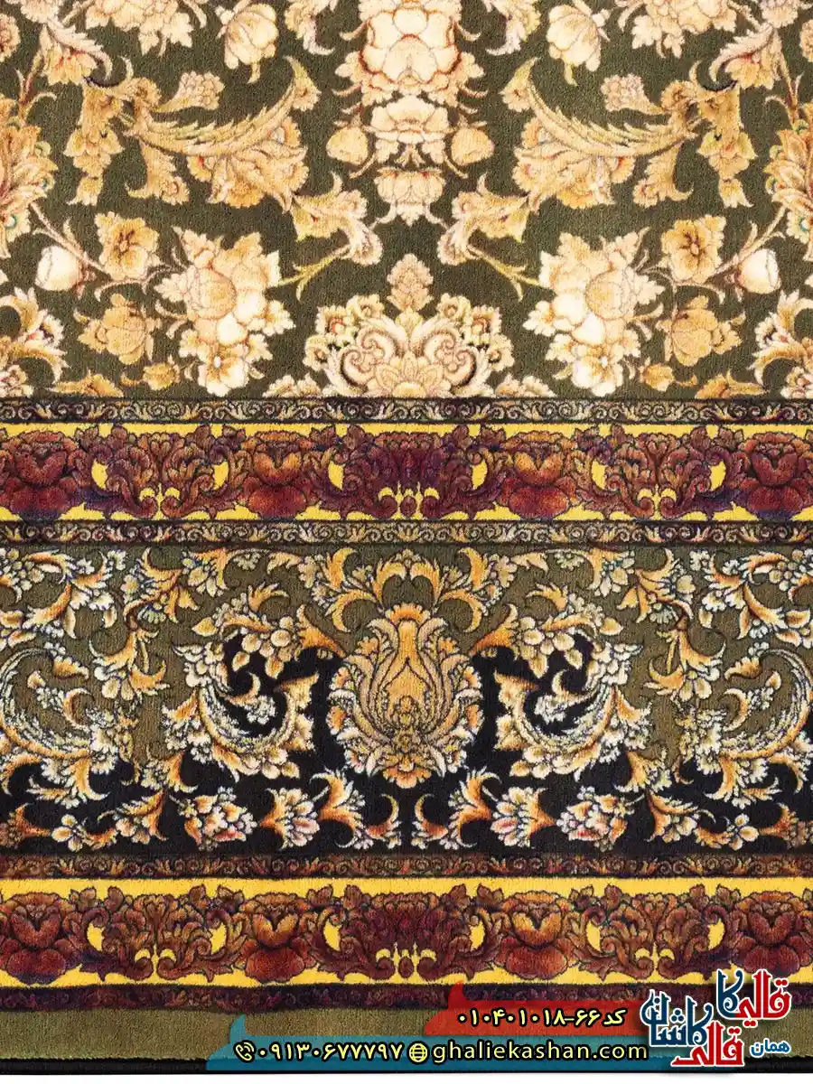 فرش وینتیج 1000 شانه طرح افشان شاه گل زمینه سبز طلایی کاشان نزدیک
