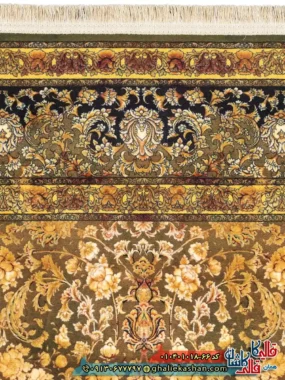 فرش وینتیج 1000 شانه طرح افشان شاه گل زمینه سبز طلایی کاشان نزدیک2