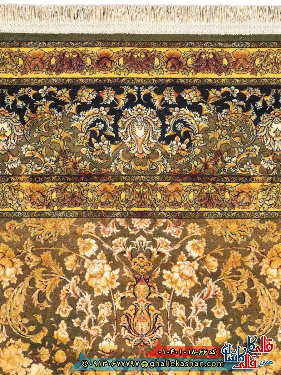 فرش وینتیج 1000 شانه طرح افشان شاه گل زمینه سبز طلایی کاشان نزدیک2