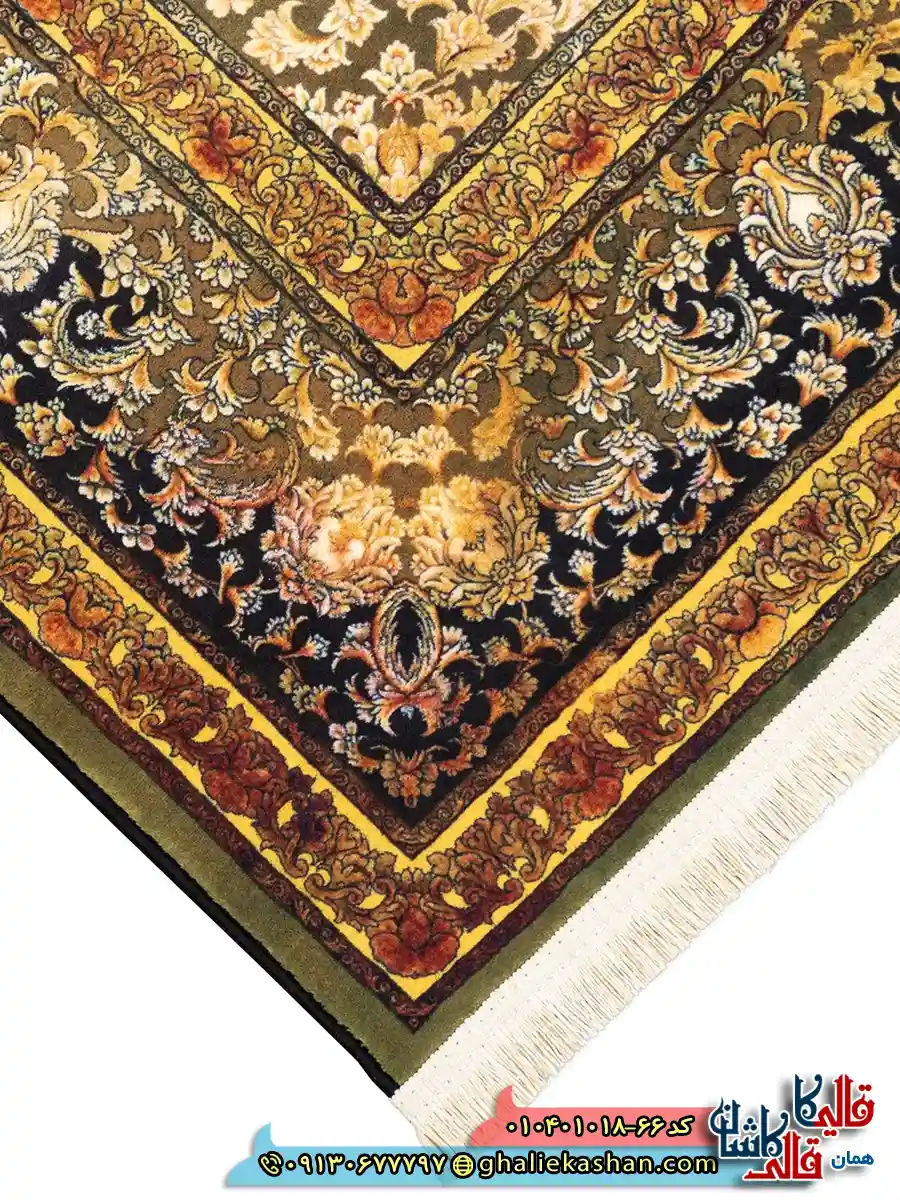 فرش وینتیج 1000 شانه طرح افشان شاه گل زمینه سبز طلایی کاشان نزدیک3