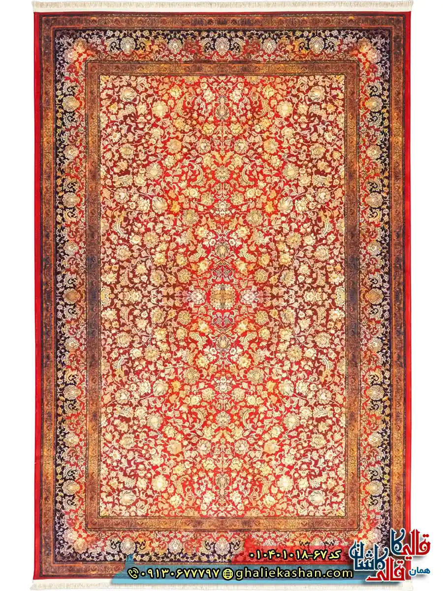 فرش وینتیج 1000 شانه طرح افشان شاه گل زمینه قرمز طلایی کاشان اصلی
