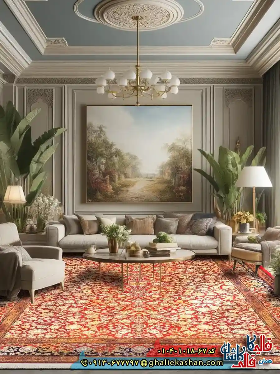 فرش وینتیج 1000 شانه طرح افشان شاه گل زمینه قرمز طلایی کاشان دکوراسیون