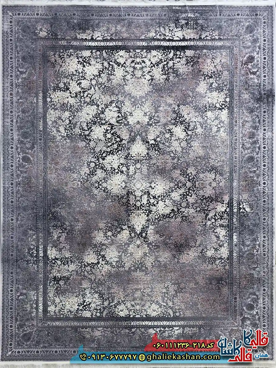 فرش وینتیج 1200 شانه طرح افشان برلین رنگ طوسی دودی روناسی گل برجسته کاشان اصلی