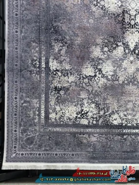 فرش وینتیج 1200 شانه طرح افشان برلین رنگ طوسی دودی روناسی گل برجسته کاشان حاشیه