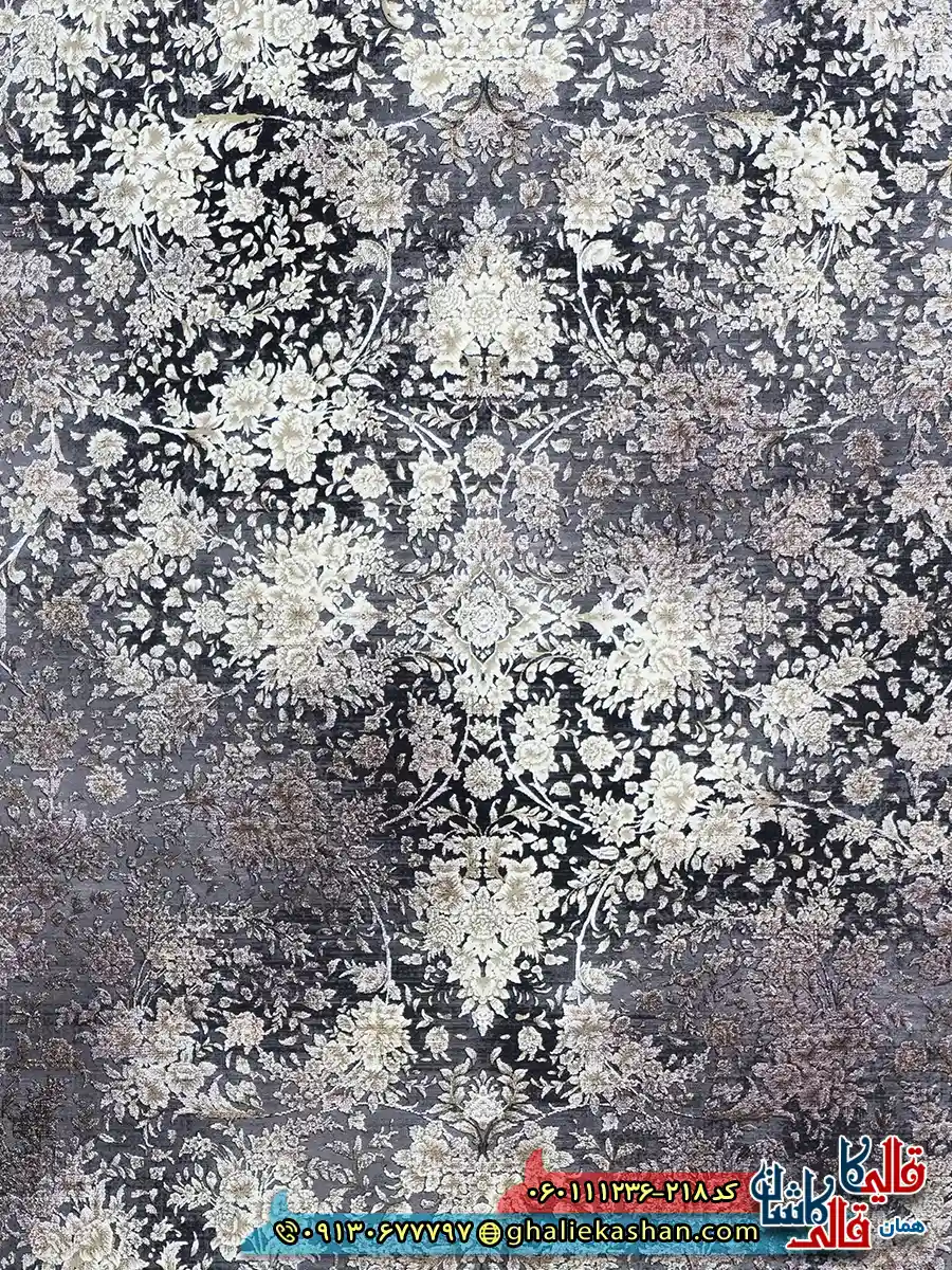فرش وینتیج 1200 شانه طرح افشان برلین رنگ طوسی دودی روناسی گل برجسته کاشان زمینه
