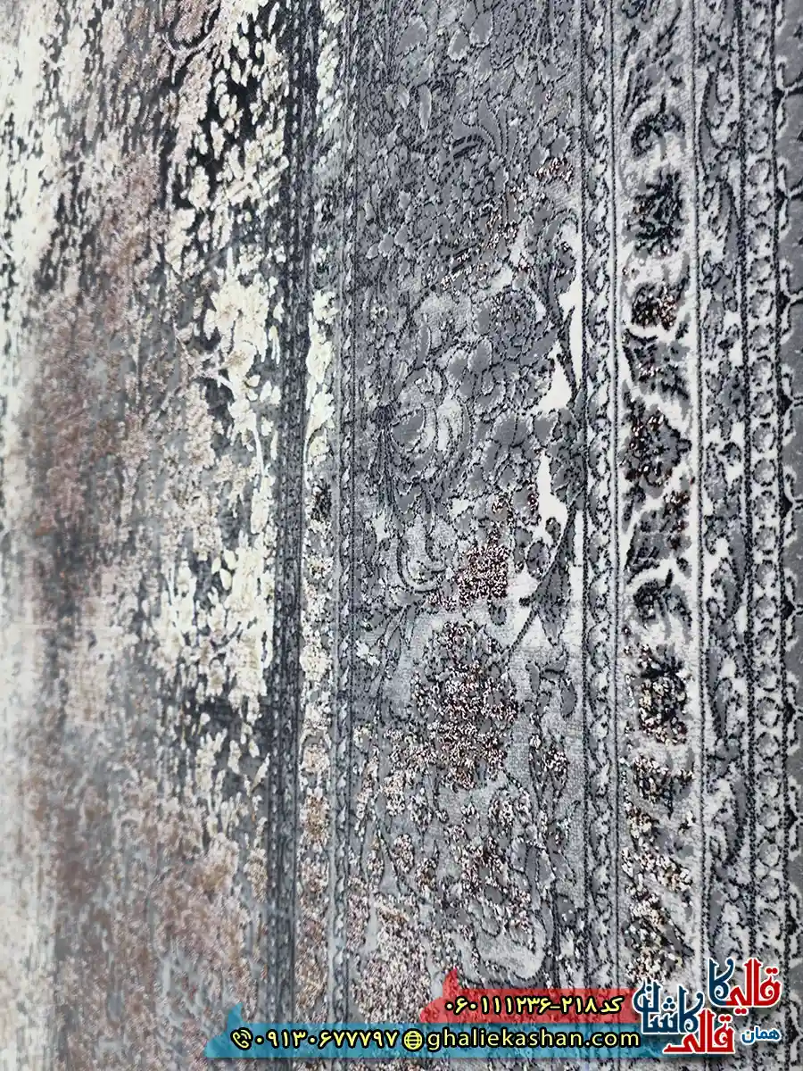 فرش وینتیج 1200 شانه طرح افشان برلین رنگ طوسی دودی روناسی گل برجسته کاشان نزدیک