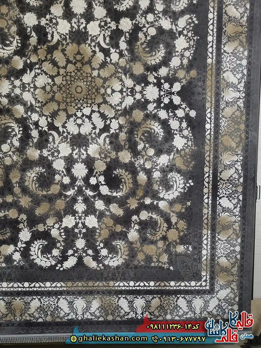 فرش وینتیج 1200 شانه طرح افشان دلکش رنگ طوسی دودی گل برجسته کاشان حاشیه