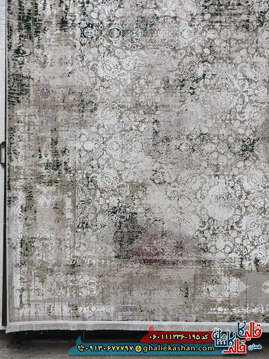 فرش وینتیج 1200 شانه طرح افشان سها رنگ قهوه ای نسکافه ای گل برجسته کاشان حاشیه