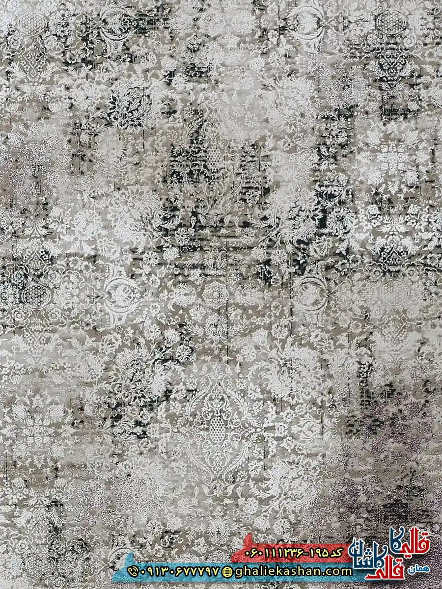 فرش وینتیج 1200 شانه طرح افشان سها رنگ قهوه ای نسکافه ای گل برجسته کاشان زمینه