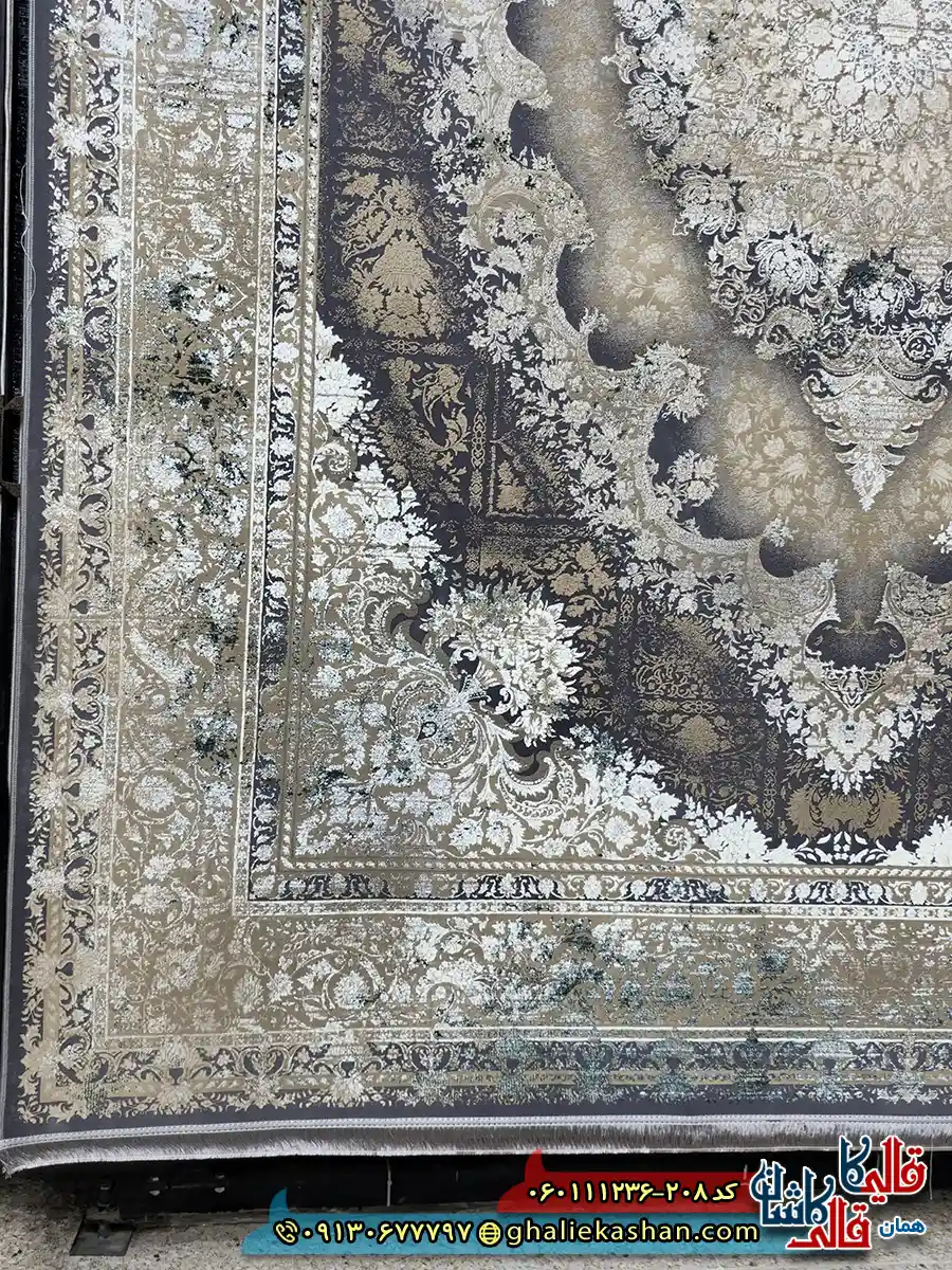 فرش وینتیج 1200 شانه طرح توسکا رنگ قهوه ای سبز گل برجسته کاشان حاشیه