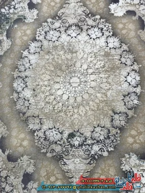 فرش وینتیج 1200 شانه طرح توسکا رنگ قهوه ای سبز گل برجسته کاشان زمینه