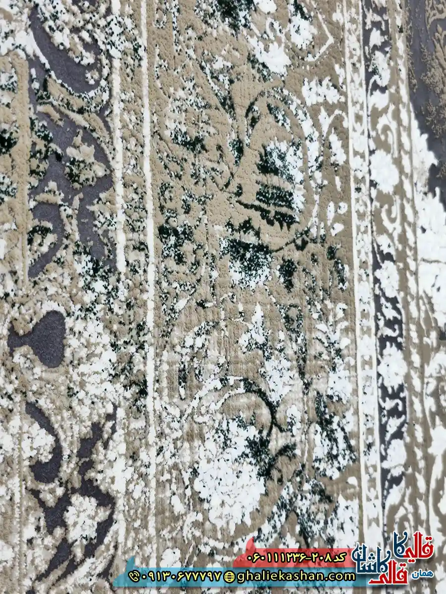 فرش وینتیج 1200 شانه طرح توسکا رنگ قهوه ای سبز گل برجسته کاشان نزدیک 2