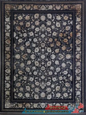 فرش وینتیج 700 شانه طرح افشان آرمان شاه عباسی رنگ سرمه ای کاشان