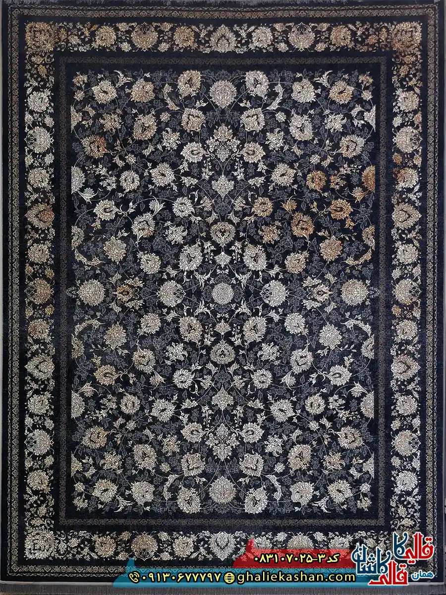 فرش وینتیج 700 شانه طرح افشان آرمان شاه عباسی رنگ سرمه ای کاشان اصلی