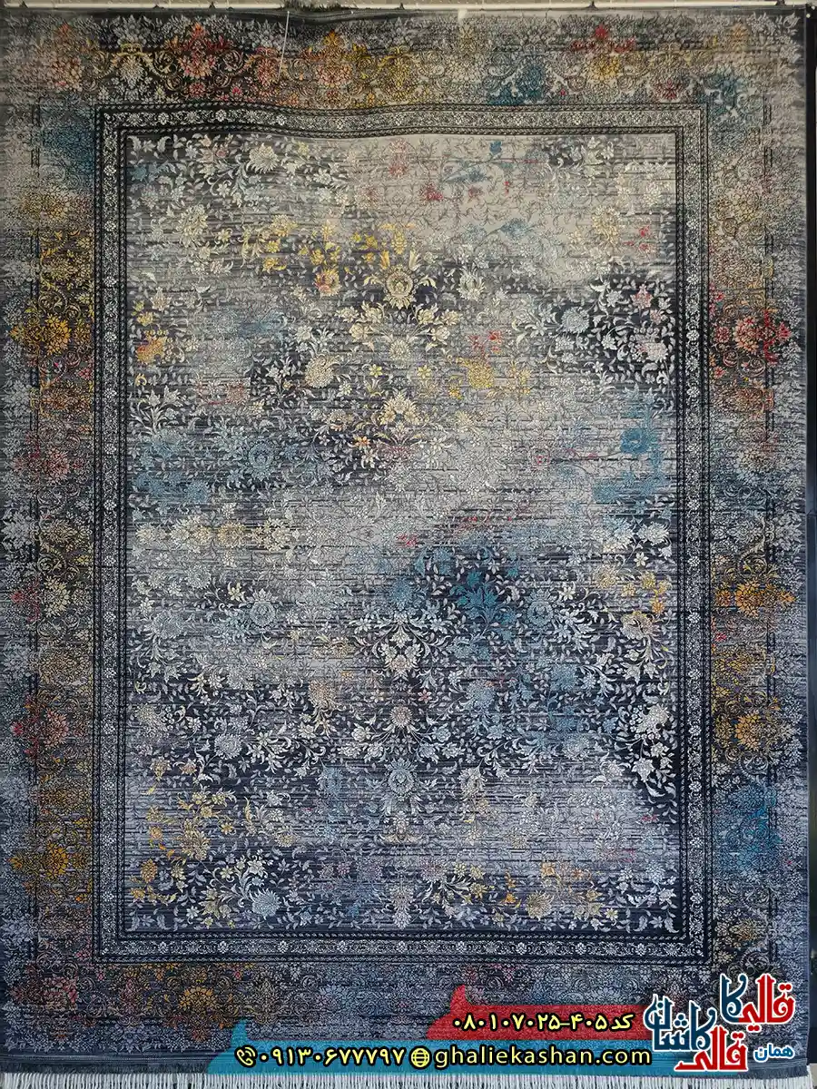 فرش ‌وینتیج ‌700 ‌شانه ‌طرح ‌افشان ‌سبحان ‌رنگ ‌طوسی ‌دودی ‌کاشان ‌اصلی