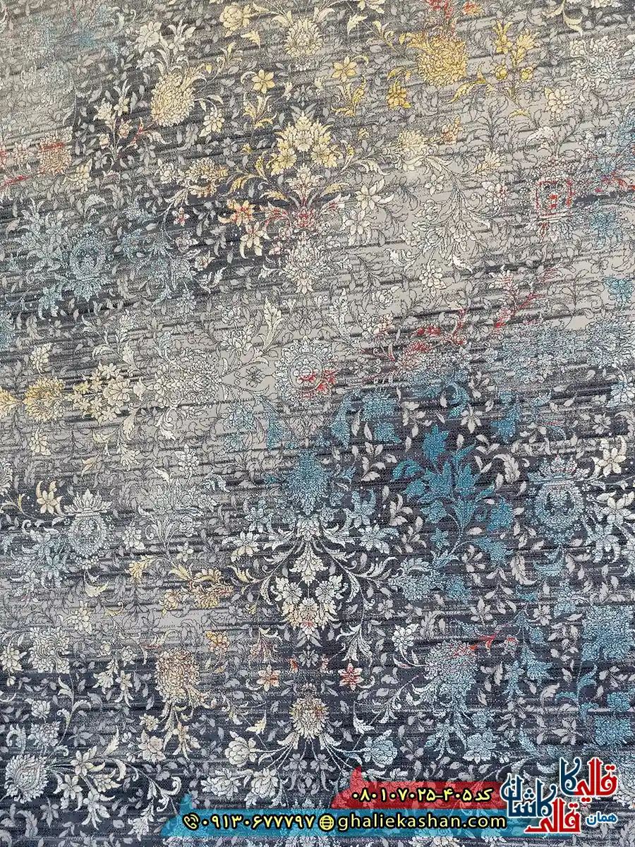 فرش ‌وینتیج ‌700 ‌شانه ‌طرح ‌افشان ‌سبحان ‌رنگ ‌طوسی ‌دودی ‌کاشان ‌زمینه