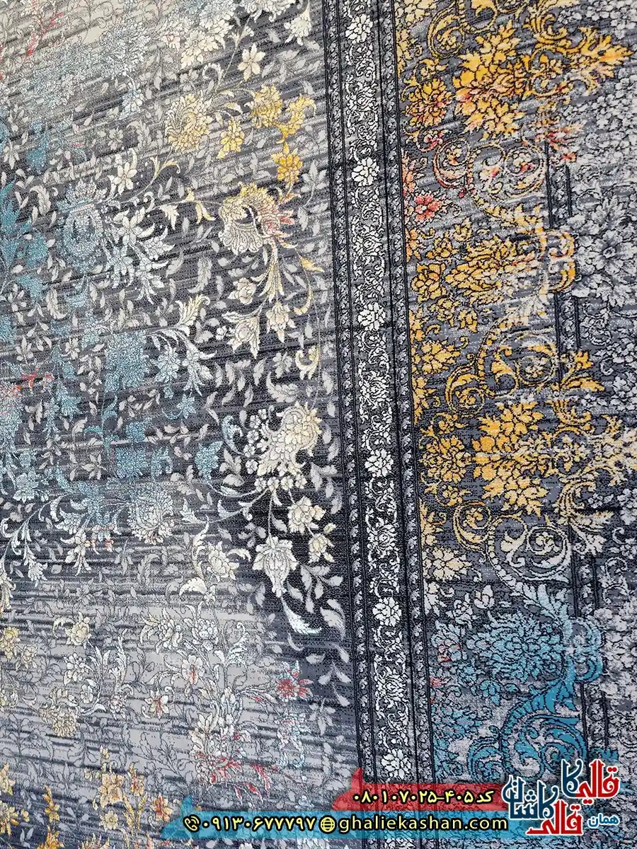 فرش ‌وینتیج ‌700 ‌شانه ‌طرح ‌افشان ‌سبحان ‌رنگ ‌طوسی ‌دودی ‌کاشان ‌نزدیک