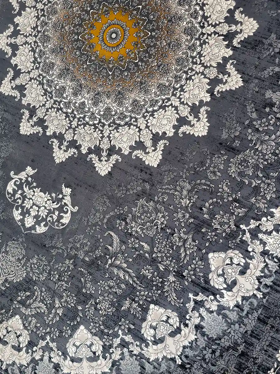 فرش وینتیج 700 شانه طرح طاها رنگ طوسی دودی کاشان نزدیک