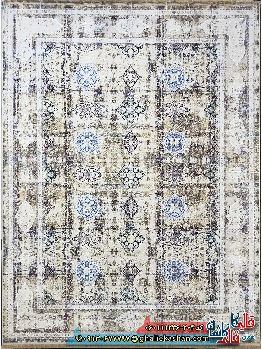 فرش وینتیج سنتی 1200 شانه طرح افشان مستان رنگ کرم صدفی آبی گل برجسته کاشان اصلی