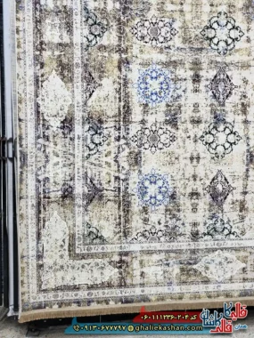 فرش وینتیج سنتی 1200 شانه طرح افشان مستان رنگ کرم صدفی آبی گل برجسته کاشان حاشیه