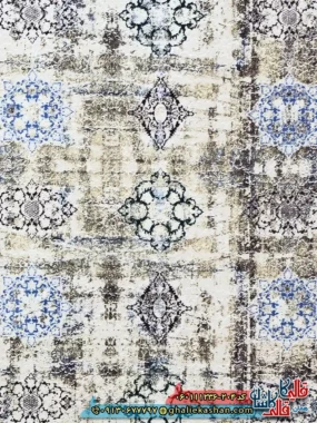 فرش وینتیج سنتی 1200 شانه طرح افشان مستان رنگ کرم صدفی آبی گل برجسته کاشان زمینه