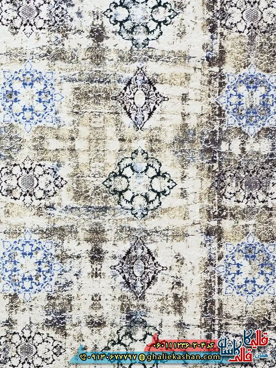 فرش وینتیج سنتی 1200 شانه طرح افشان مستان رنگ کرم صدفی آبی گل برجسته کاشان زمینه