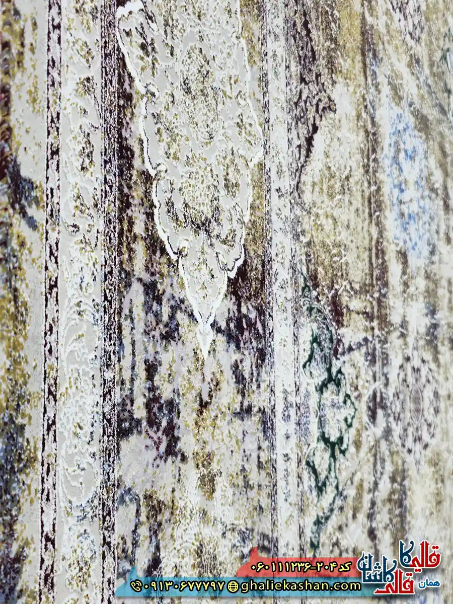 فرش وینتیج سنتی 1200 شانه طرح افشان مستان رنگ کرم صدفی آبی گل برجسته کاشان نزدیک