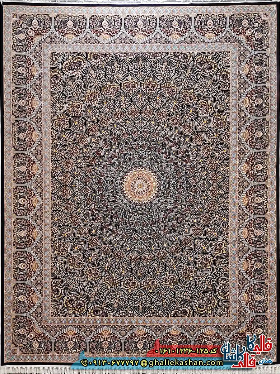 فرش کلاسیک 1200 شانه اصیل طرح سلطانیه گنبد رنگ سرمه ای کاشان اصلی