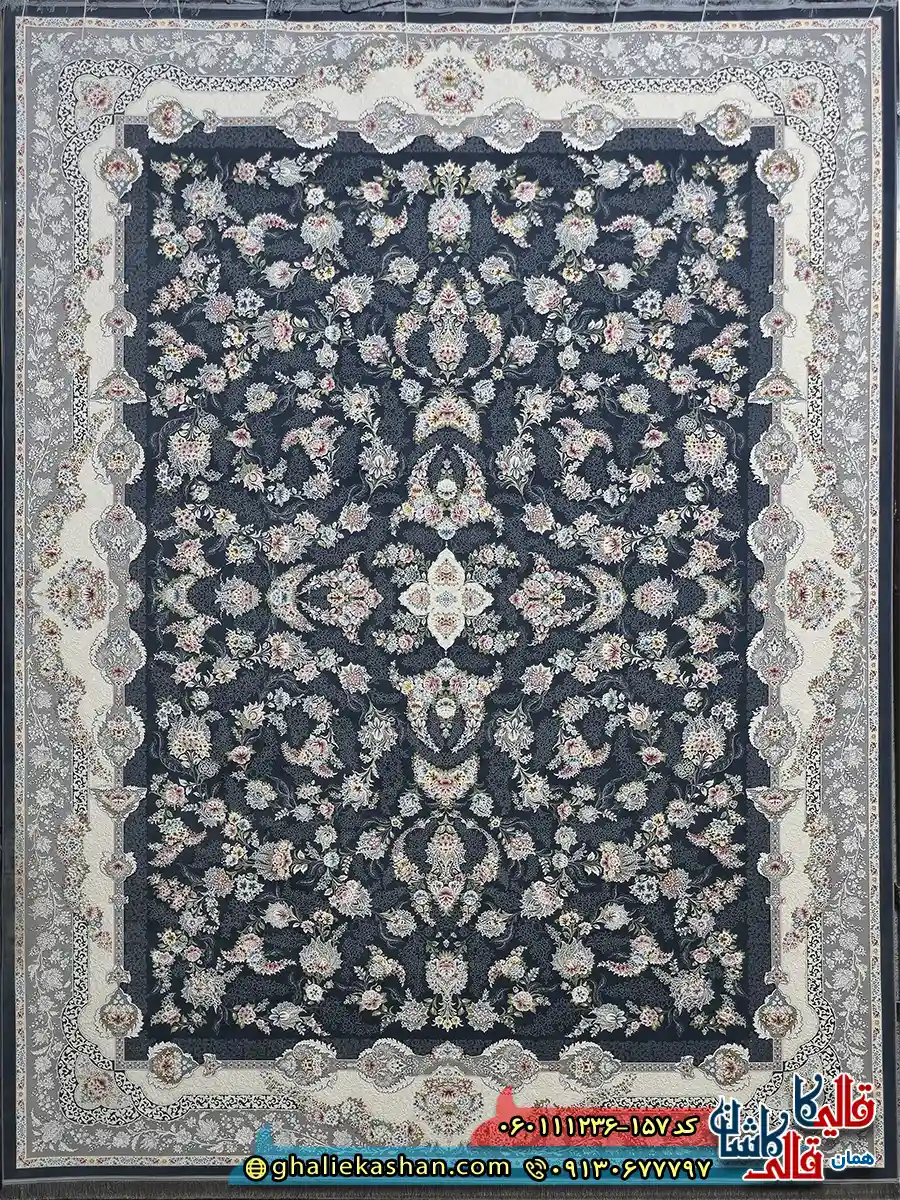 فرش کلاسیک 1200 شانه طرح افشان سوسن رنگ طوسی دودی گل برجسته کاشان اصلی