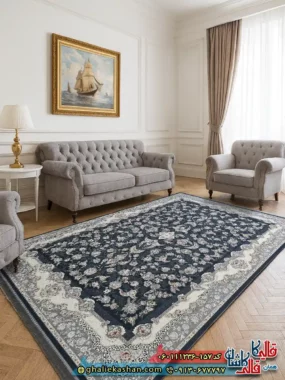 فرش کلاسیک 1200 شانه طرح افشان سوسن رنگ طوسی دودی گل برجسته کاشان