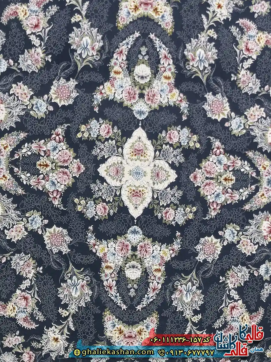 فرش کلاسیک 1200 شانه طرح افشان سوسن رنگ طوسی دودی گل برجسته کاشان زمینه