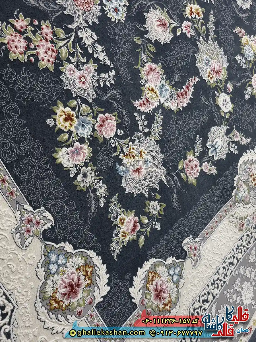 فرش کلاسیک 1200 شانه طرح افشان سوسن رنگ طوسی دودی گل برجسته کاشان نزدیک 2