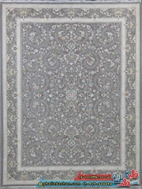 فرش کلاسیک 1200 شانه طرح افشان سپیدار رنگ طوسی نقره ای گل برجسته کاشان