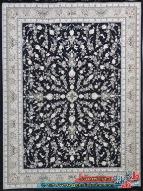 فرش کلاسیک 1200 شانه طرح افشان سینان رنگ سرمه ای گل برجسته کاشان