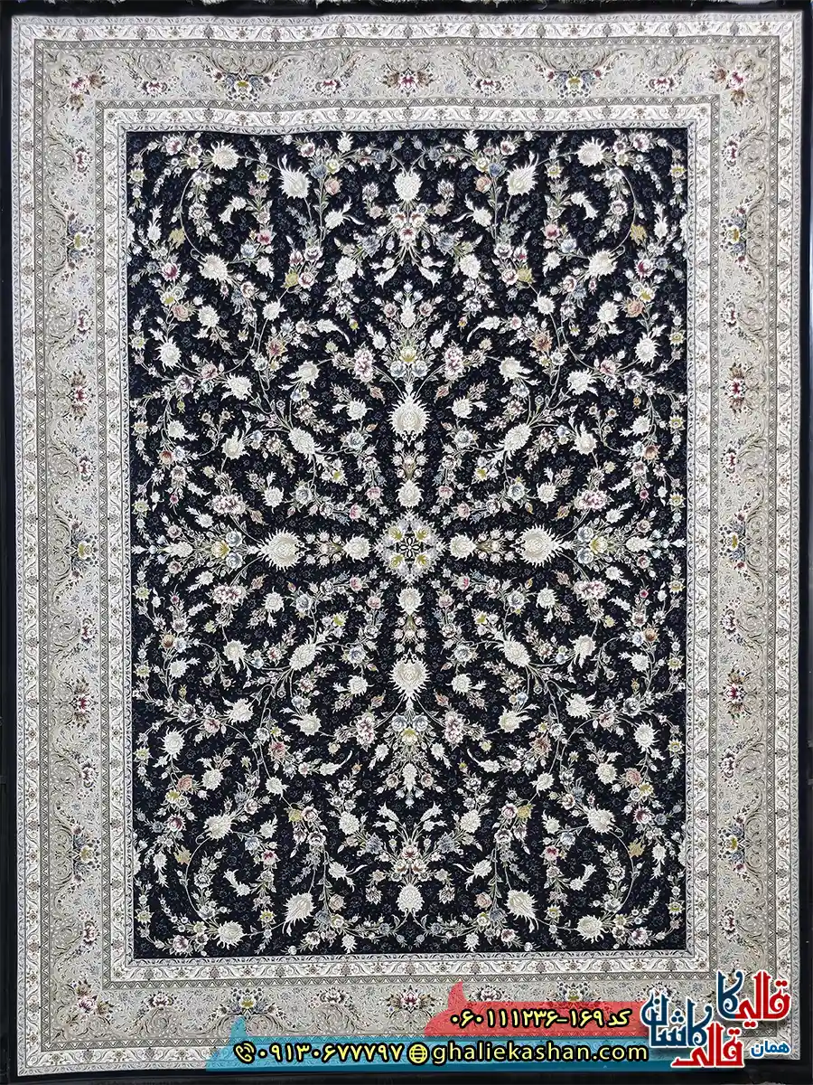 فرش کلاسیک 1200 شانه طرح افشان سینان رنگ سرمه ای گل برجسته کاشان اصلی