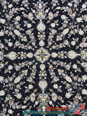 فرش کلاسیک 1200 شانه طرح افشان سینان رنگ سرمه ای گل برجسته کاشان زمینه