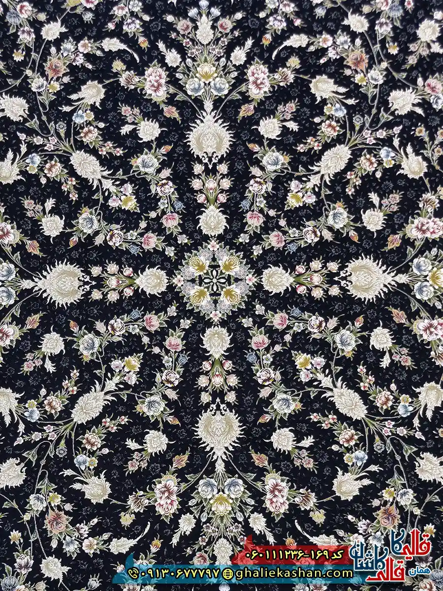 فرش کلاسیک 1200 شانه طرح افشان سینان رنگ سرمه ای گل برجسته کاشان زمینه